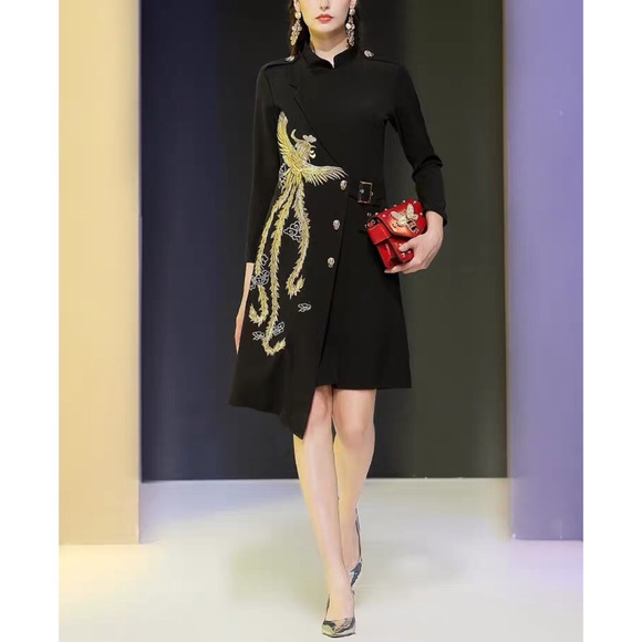 Golden Phoenix Black Embroidery Asymmetrical Dress - Picture 3 of 8